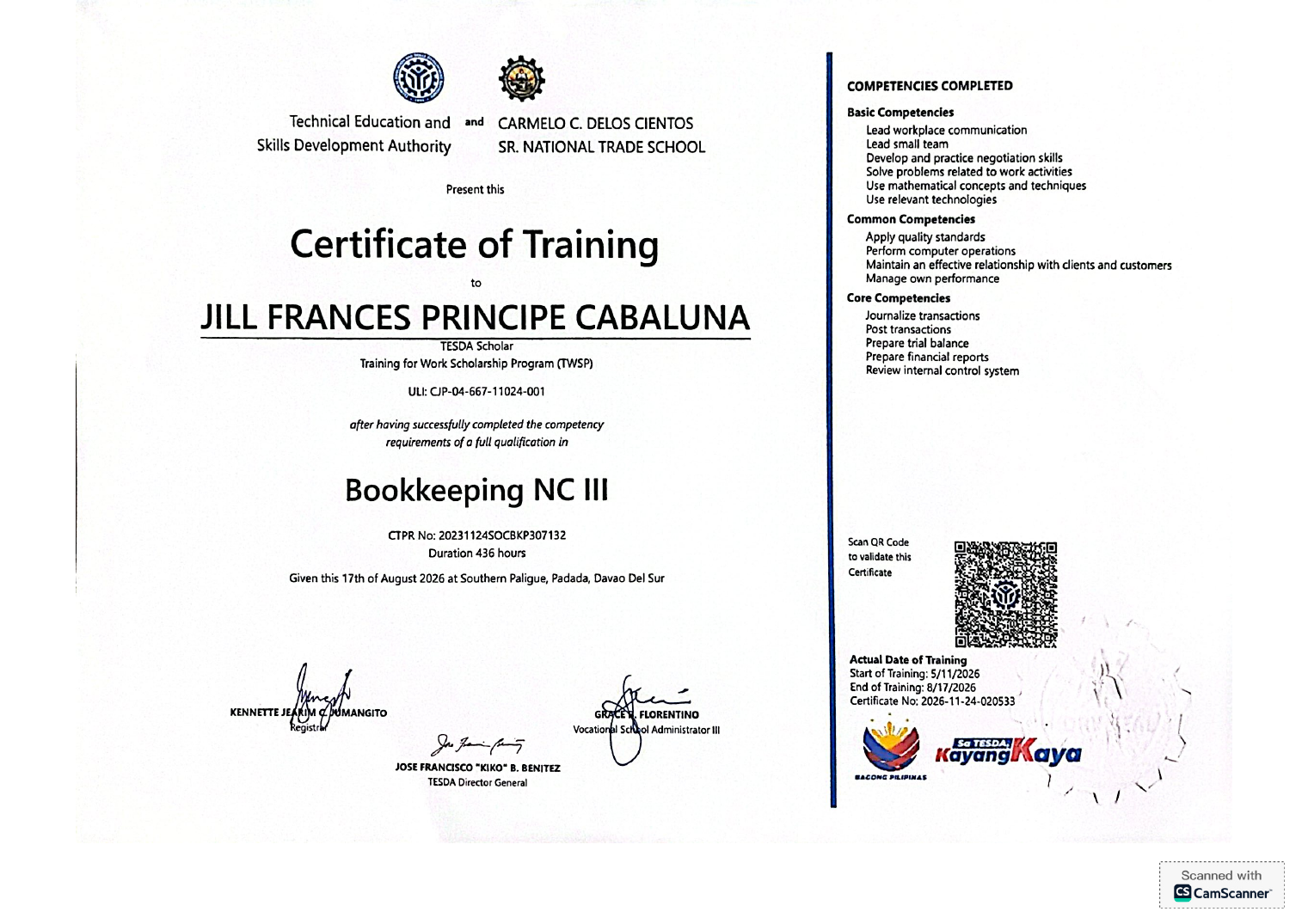 TESDA Bookkeeping NC III Certificate of Training awarded to Jill Frances Cabaluna